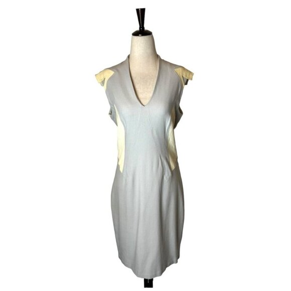 Helmut Lang Dress‎ Women 10 Gray Cream Blistered Leather Panel Sheath Mini - Picture 2 of 13